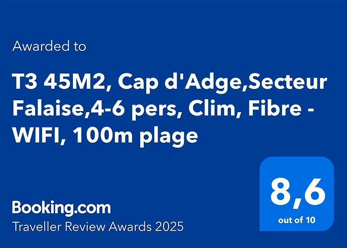 T3 45m2, Cap D'adge,secteur Falaise,4-6 Pers, Clim, Fibre - Wifi, 100m Daire *